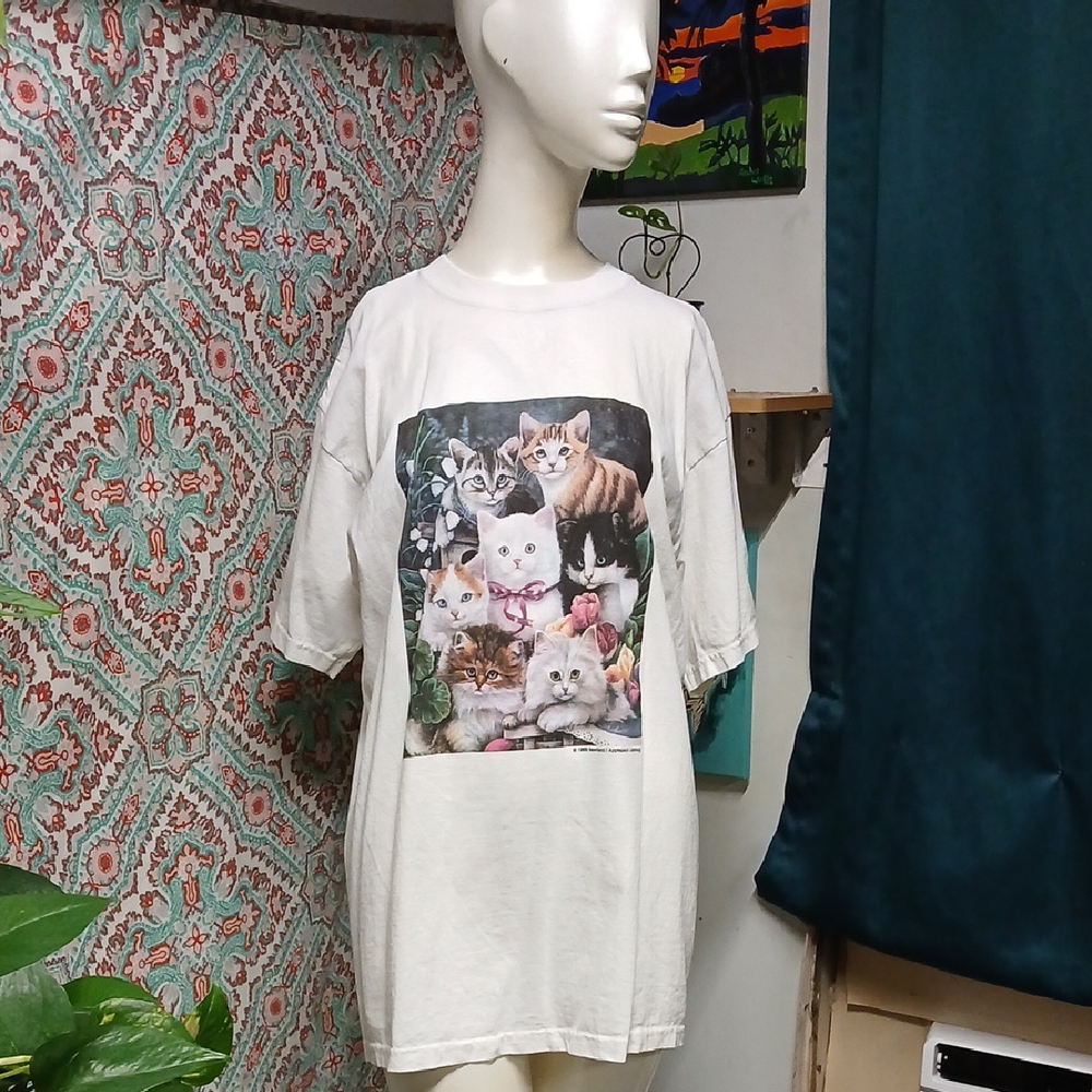 Vintage Anvil White Cat Graphic T-Shirt, Size L